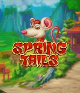 A whimsical illustration of a mouse wearing a red traditional Chinese outfit positioned in front of a picturesque mountain backdrop. The image represents the Spring Tails game by Betsoft, showcased with striking red and gold logo lettering.