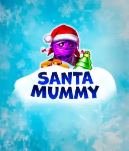  Experience the whimsical "Santa Mummy" slot game by Belatra, featuring a Santa-clad mummy dressed in festive holiday attire. This eye-catching image captures the mummy with a bright purple hue, wearing a Santa hat, against a backdrop of snowy blue with icy snowflakes. The game's title, "Santa Mummy," is prominently displayed in large, icy blue letters.