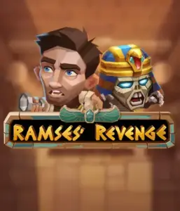 Uncover the thrilling world of the Ramses' Revenge game by Relax Gaming, highlighting a startled explorer and a terrifying mummy set against an Egyptian tomb backdrop. This image captures the adventure of Egyptian archaeology, ideal for fans of Egyptian-themed slots, delivering a thrilling escape. 